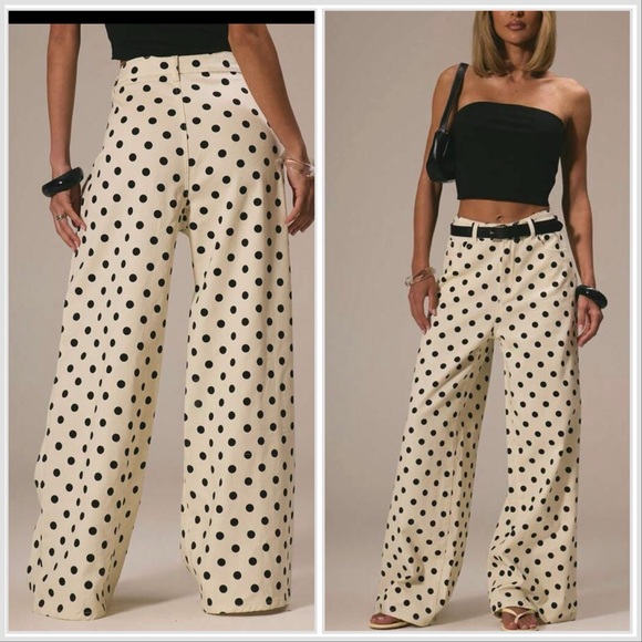 Pants - Polka Dot Wide-Leg Pants - Cream & Black